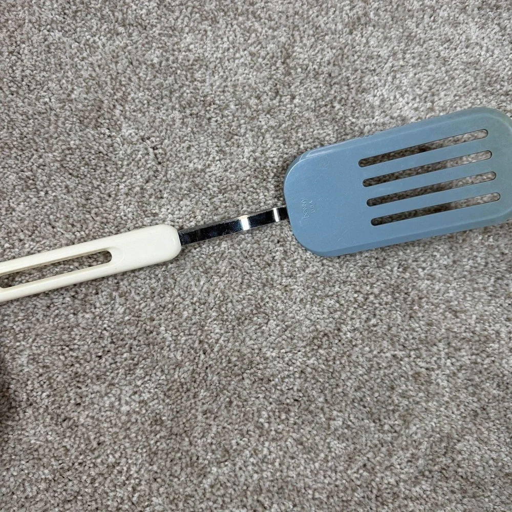 Vintage Bonny USA Slotted Spatula Blue Nylon Turner Cream Handle Retro Kitchen